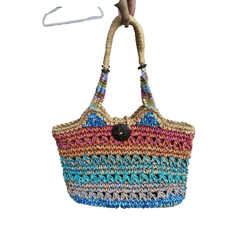 Cappelli Straworld Multi Color Bag with Beads One Button Closure NWT